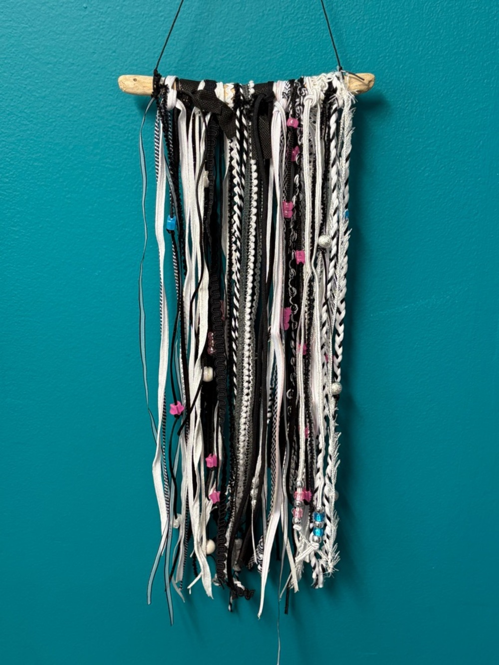 Handmade Black & White Ribbon Wall Hanging with Pink Accents -